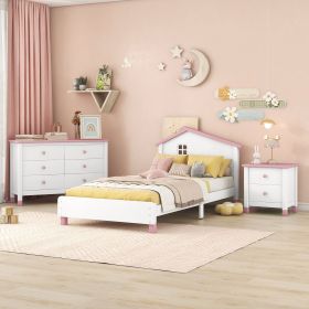 3-Pieces Bedroom Sets Twin Size Platform Bed with Nightstand and Storage dresser,White+Pink