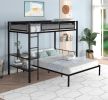 Metal Twin over Full Bunk with Shelves & Grid Panel/ Sturdy Metal Bed Frame/ Noise-free Wood Slats/ Comfortable Textilene Guardrail/ Built-in 2-tier S