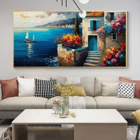 Hand Painted Oil Painting Original Seaside Seascape Oil Painting On Canvas Large Wall Art Abstract Blue Building Ocean Art Painting Custom Living room (Style: 1, size: 40x80cm)