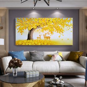 Hand Painted Oil Painting Abstract Big Yellow Tree On Canvas Sika Deer Painting Large tree painting Original painting Living Room Decor Knife Painting (Style: 1, size: 40x80cm)