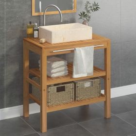 Bathroom Vanity Cabinet Solid Teak with Sink Marble Cream (Color: brown)